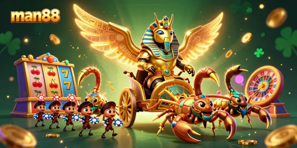 Experience thrilling action at man88 with a vibrant casino scene featuring a golden pharaoh beetle and dynamic gaming elements.