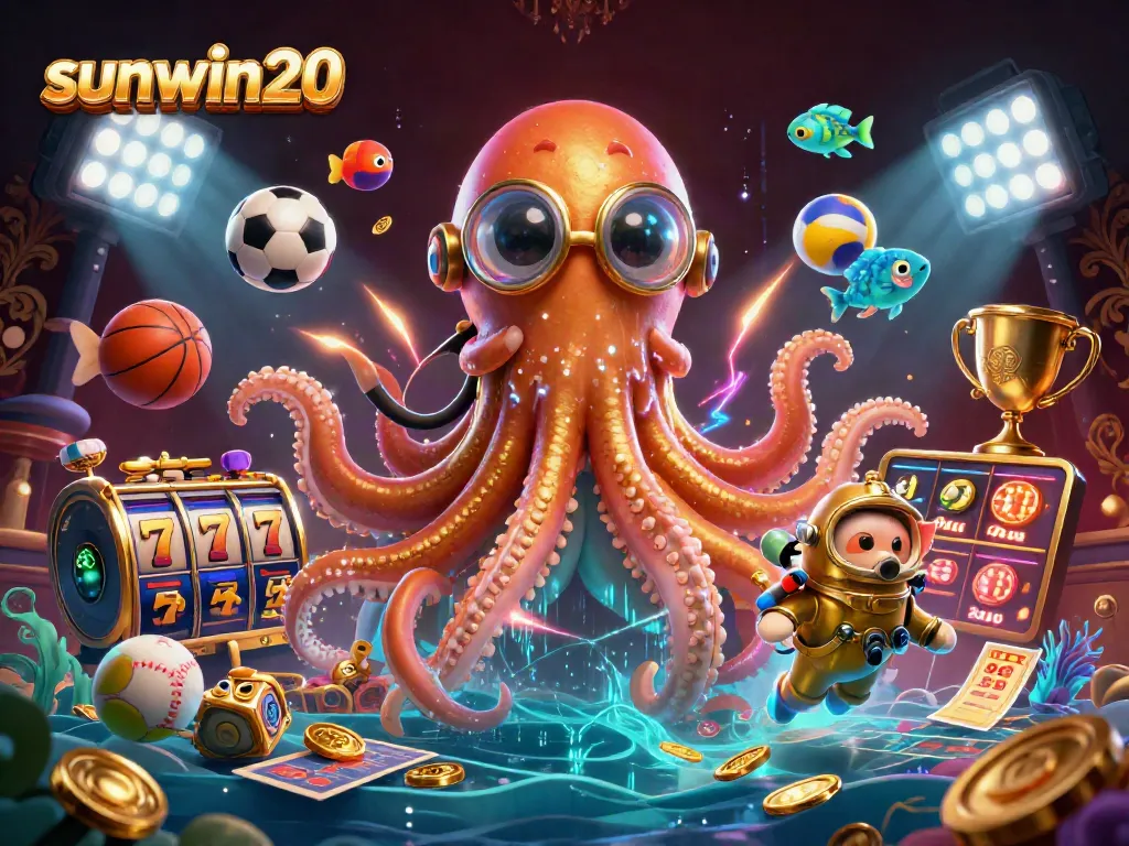 Engage with immersive game-play at sunwin20, featuring vibrant casino elements and a kraken in a treasure ocean.