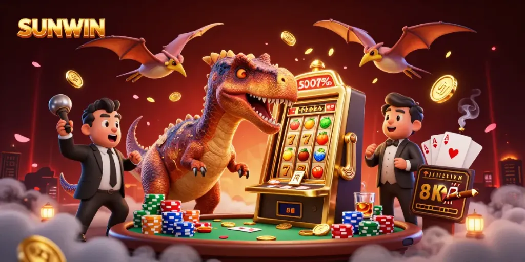 Join the fun at SUNWIN by witnessing a cartoon dinosaur at a golden slot machine winning big!