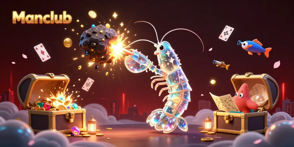 Experience thrilling gameplay at Manclub with 3D animated characters amid treasures of gold and gems.