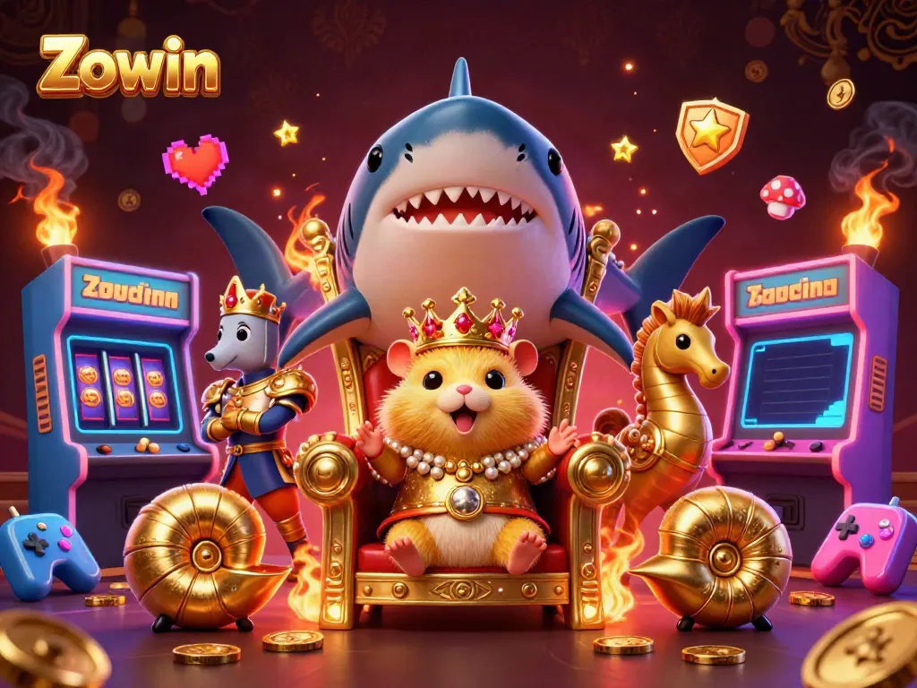 Zowin features a fierce hamster king on a thrilling casino throne surrounded by vibrant game elements.