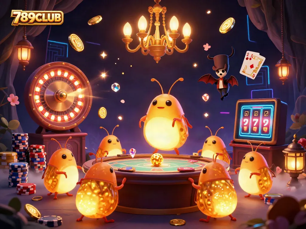 Engage with the vibrant game dynamics at 789CLUB featuring glowworms illuminating a casino scene.