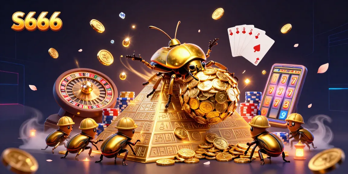 S666 showcases a captivating 3D scene with golden beetles and casino treasures.