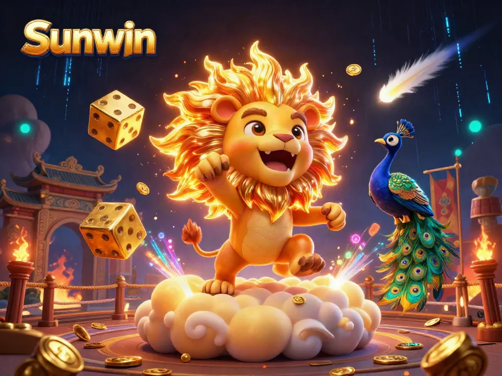 Experience the thrill of gaming with Sunwin, featuring a roaring lion and golden dice in an energetic casino scene.