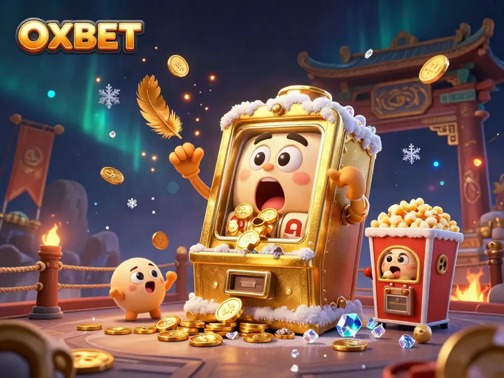 Experience thrilling jackpots with OXBET's golden slot machines celebrating wins in a vibrant casino scene.