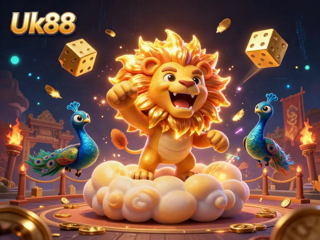 Experience the thrilling excitement of Uk88 with a majestic sun lion amidst dynamic casino elements and rich visuals.