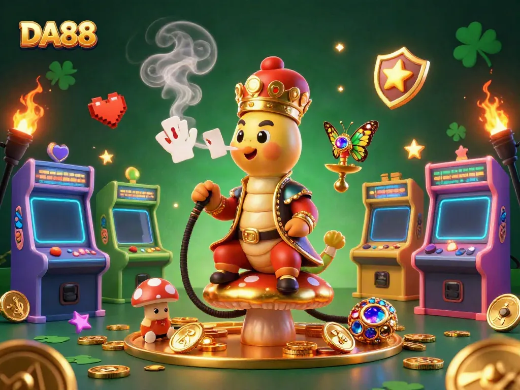 Experience high-stakes gaming with DA88, showcasing vibrant arcade machines and dynamic poker elements.