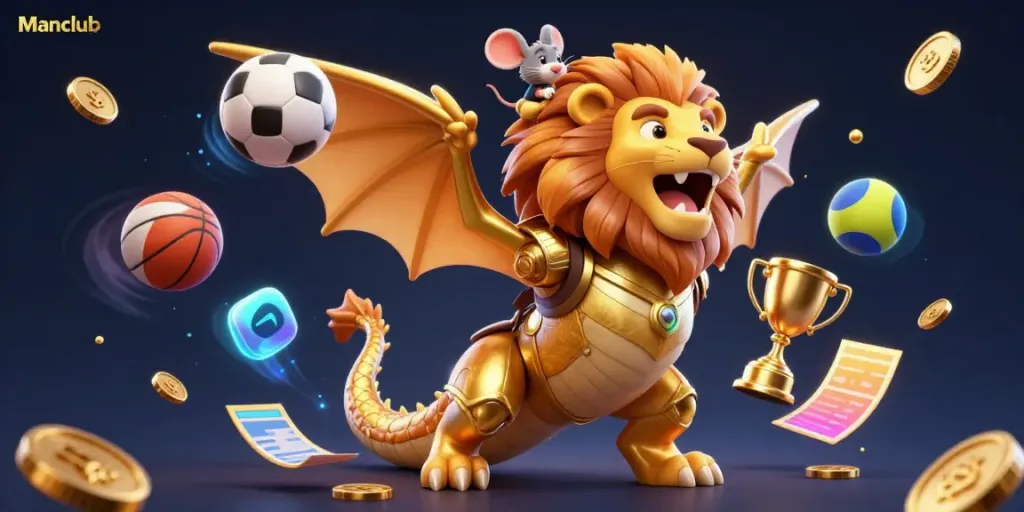 Engage in thrilling gameplay at Manclub with a lion-headed chimera surrounded by dynamic sports elements.