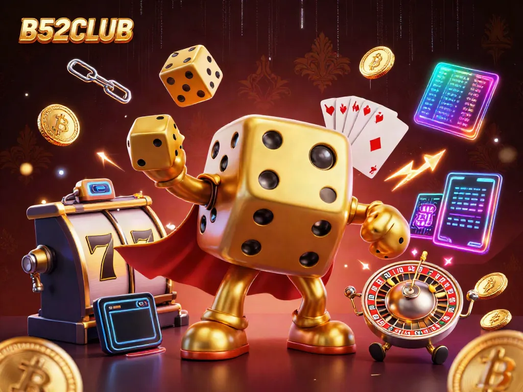 Experience vibrant gaming action with the B52CLUB golden dice golem amidst neon elements.