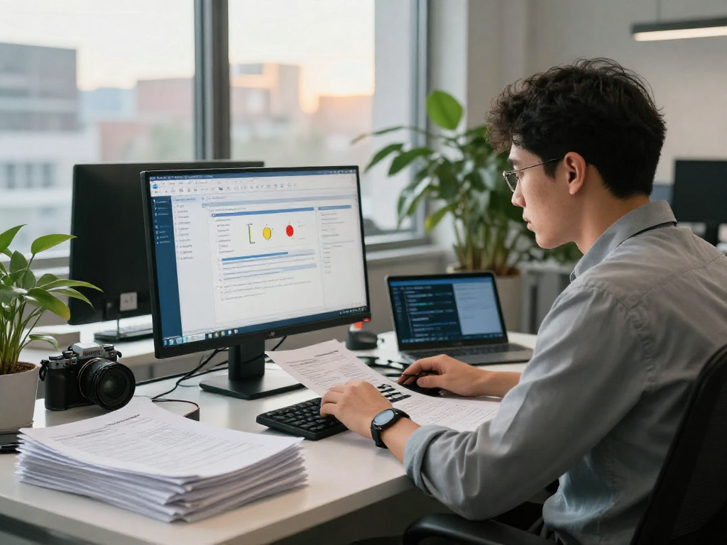 Analyzing document fraud detection using advanced software in a professional office setting.