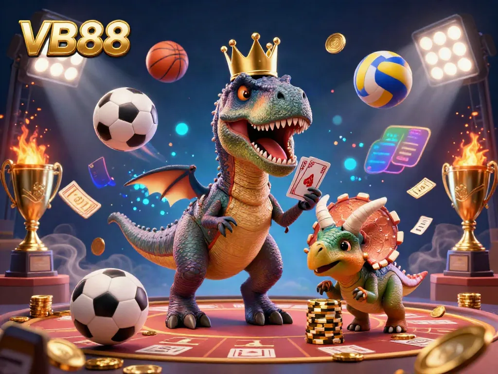 VB88 offers an exhilarating gaming experience with friendly characters like a T-Rex shuffling cards and a triceratops stacking chips.