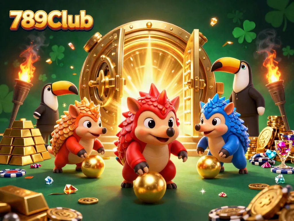 Experience the excitement of 789Club with animated pangolins in a vibrant casino scene filled with treasures.