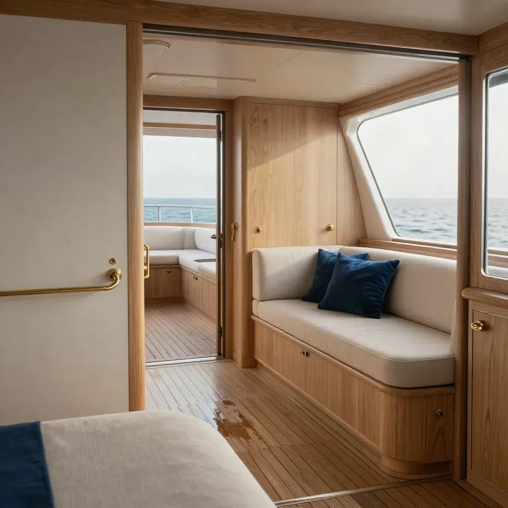 Salone yacht refittato con legno chiaro, ottone e luce radente sul ponte bagnato.