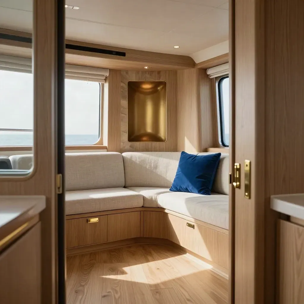 Interno di yacht elegante con arredi su misura, luce naturale e dettagli in legno e ottone