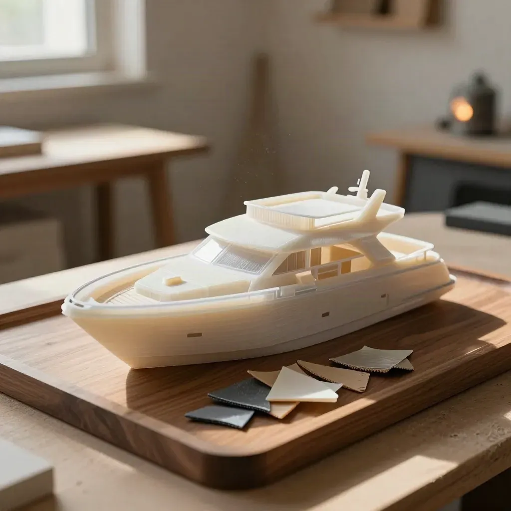 Modello 3D di yacht con campioni materiali e pezzo resina in luce calda di laboratorio.
