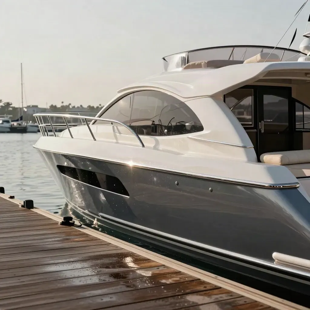 Flybridge yacht refittato con hardtop e rail inox sul molo, mare brillante sullo sfondo