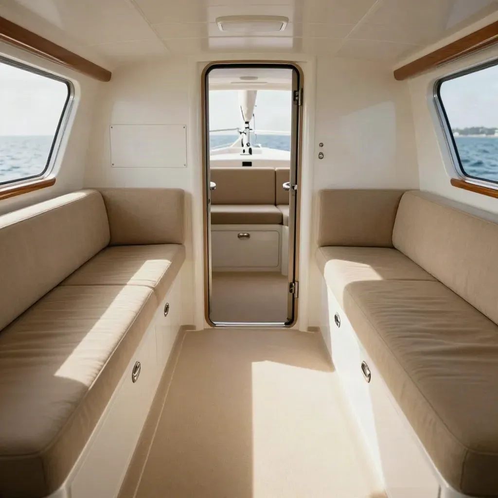 Salone di catamarano con superfici sigillate, panche fisse e pavimento facile da pulire, pronto per charter.