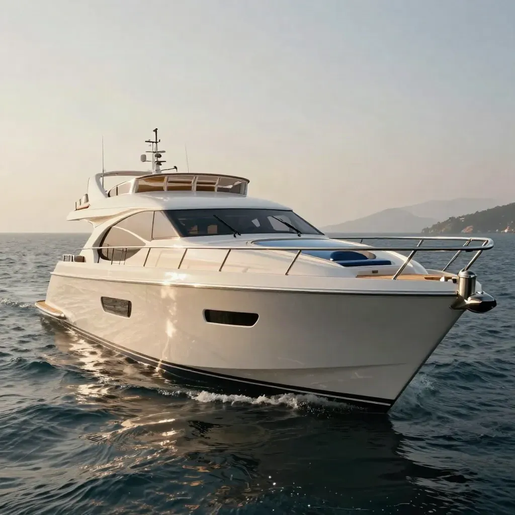 Flybridge di yacht con teak, cuscineria chiara e mare, ripreso di tre quarti dal lato poppa.