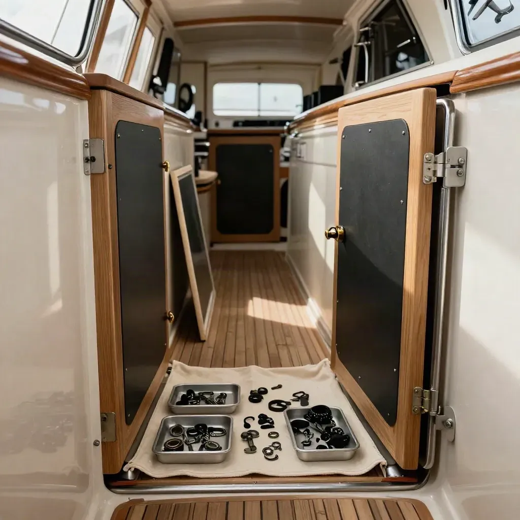 Corridoio yacht con pannelli rimossi, vassoi hardware e luce naturale di cantiere.