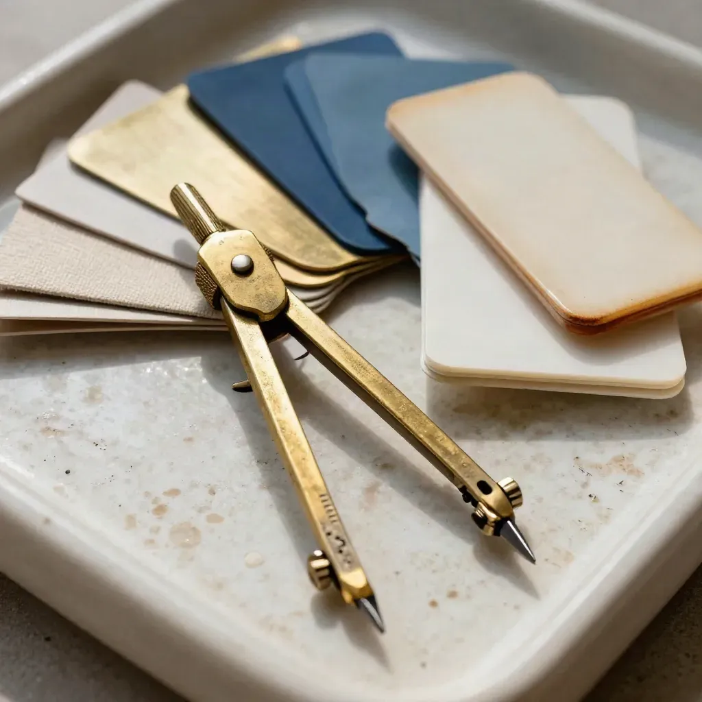 Compasso in ottone, campionario e pieghetta su vassoio ceramico, polvere fine.