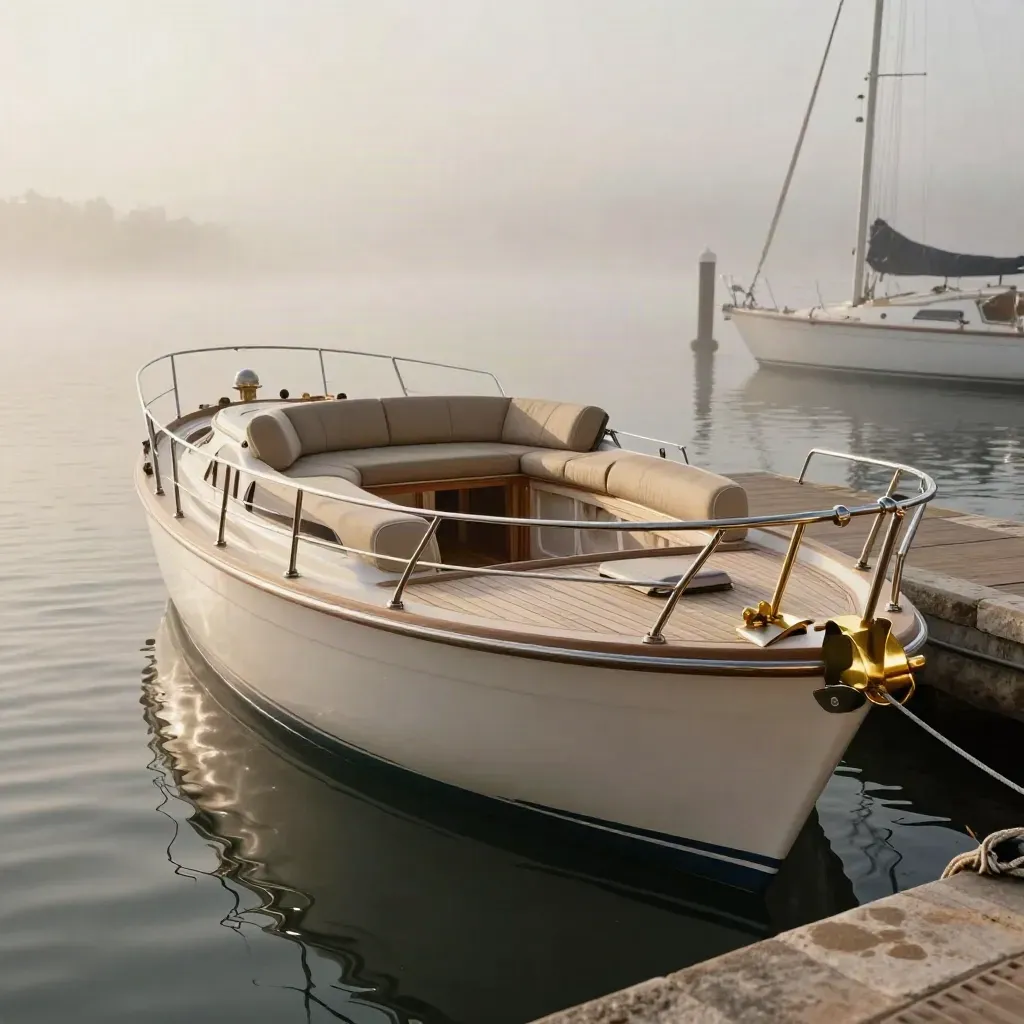 Day cruiser in banchina, luce morbida, dettagli in ottone e lounge aperta.