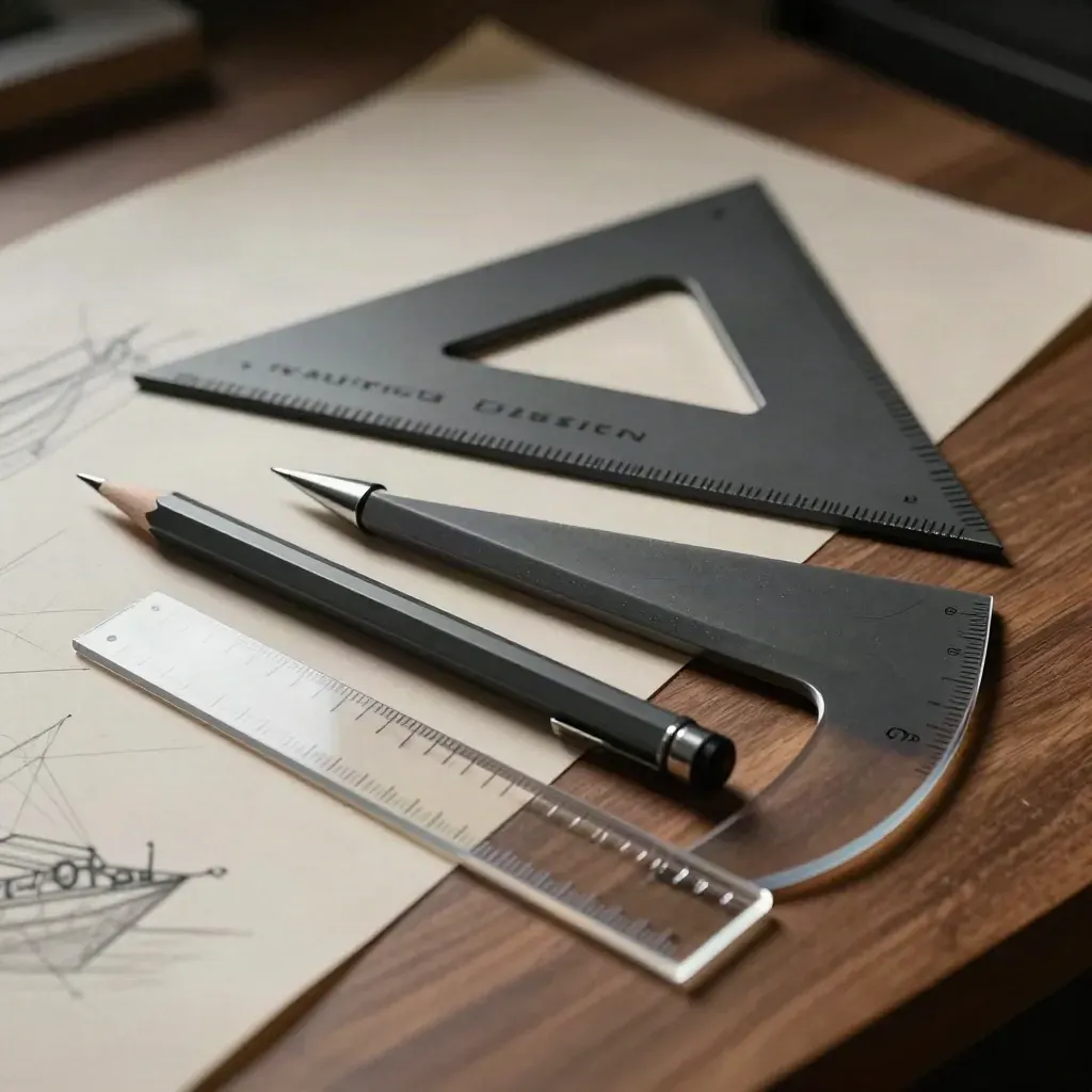 Kit nautico di disegno tecnico con squadre, matita e guide curve su tavola in noce.