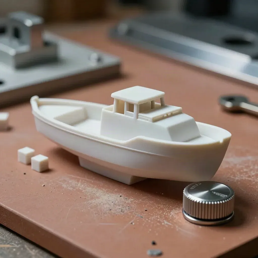 Modelli nautici 3D su banco tecnico, luce drammatica e dettagli materici.