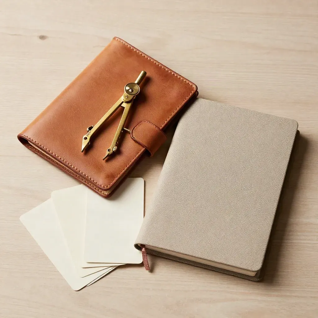 Folio in pelle, compasso in ottone, cartelle campione e taccuino su legno chiaro