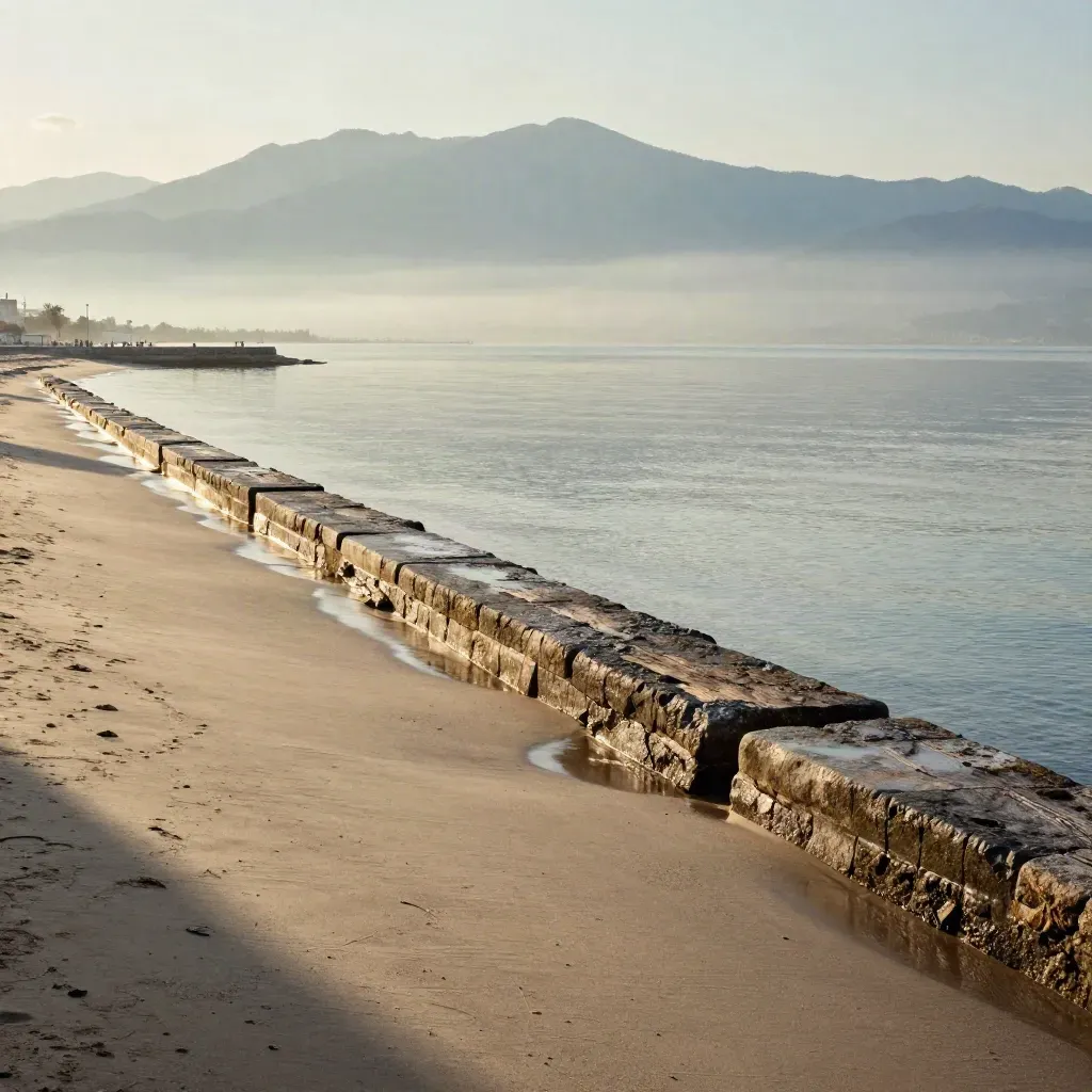 Costa di Viareggio all’ora d’oro con molo, mare velato e Apuane sfumate.