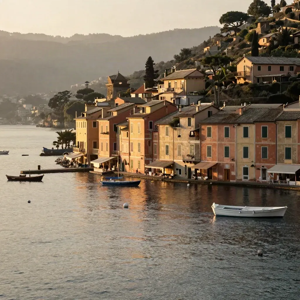 Portofino al tramonto, borgo pastello in alto e mare calmo sfumato per il testo.