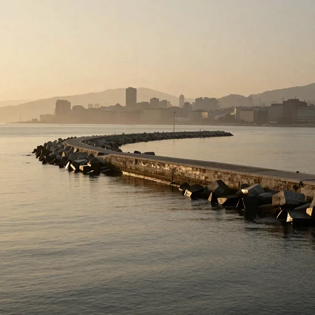 Vista del breakwater di Civitavecchia al tramonto, con porto lontano e foschia salmastra.