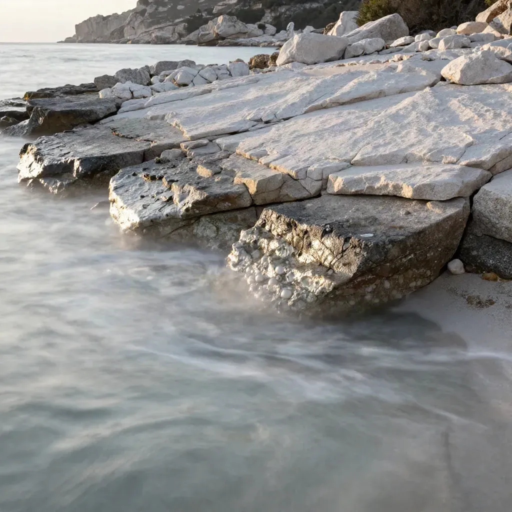 Costa granitica della Sardegna al tramonto con acqua calma e luce morbida