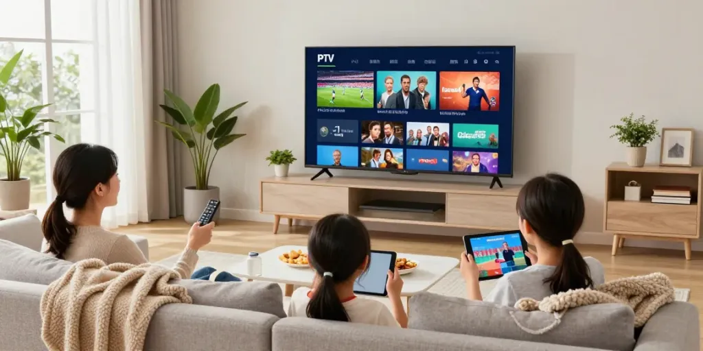 Family enjoying abbonamento IPTV streaming on smart TV in cozy living room.