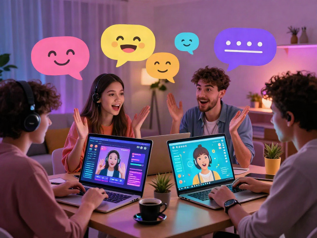 Dynamic porn chat AI environment depicting engaging digital avatars in lively conversations and colorful chat bubbles.