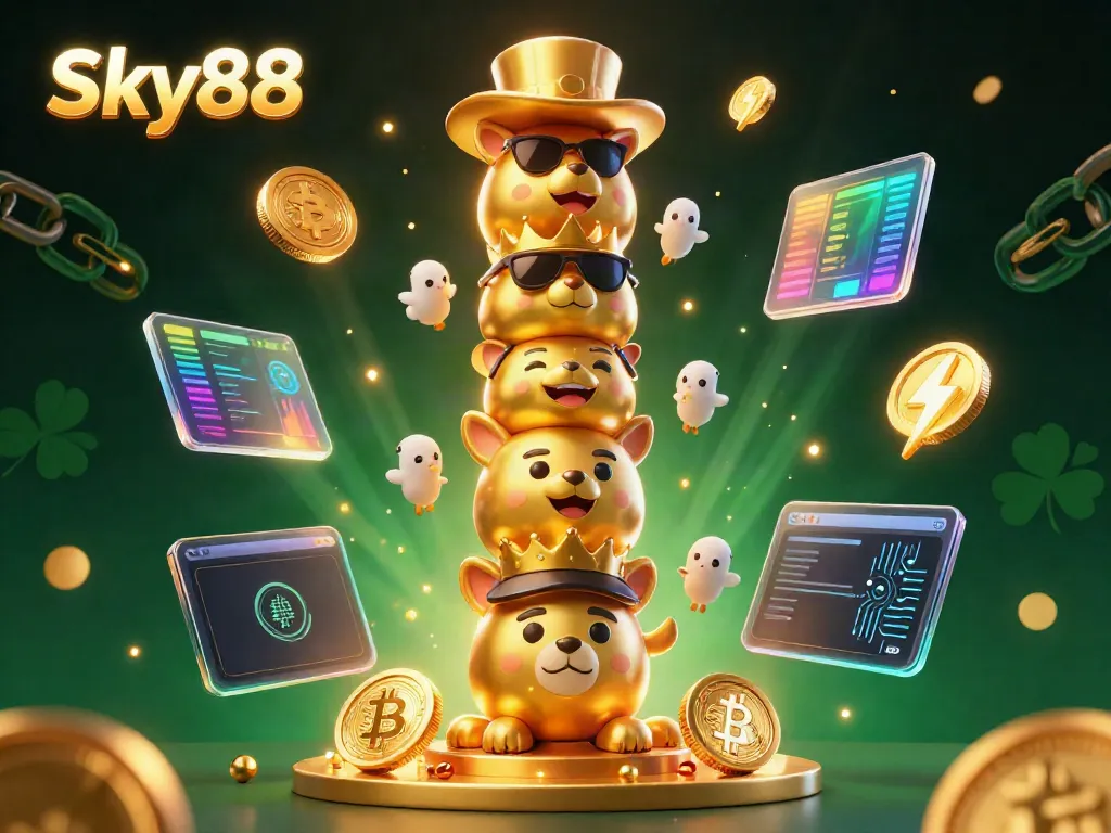 Sky88 showcases a vibrant and dynamic casino scene with glowing crypto elements and exciting gaming atmosphere.