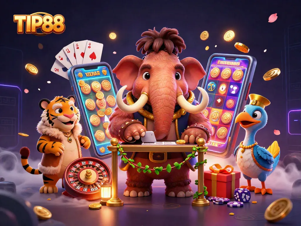 Experience the vibrant casino atmosphere with TIP88, a dynamic illustration featuring a casino bouncer and guests amid gaming excitement.