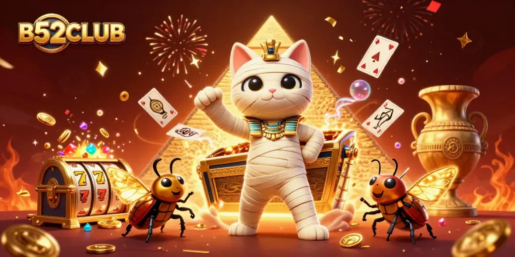 B52CLUB brings an exciting casino experience with a mummy cat emerging from a sarcophagus amidst vibrant slot reels and treasures.