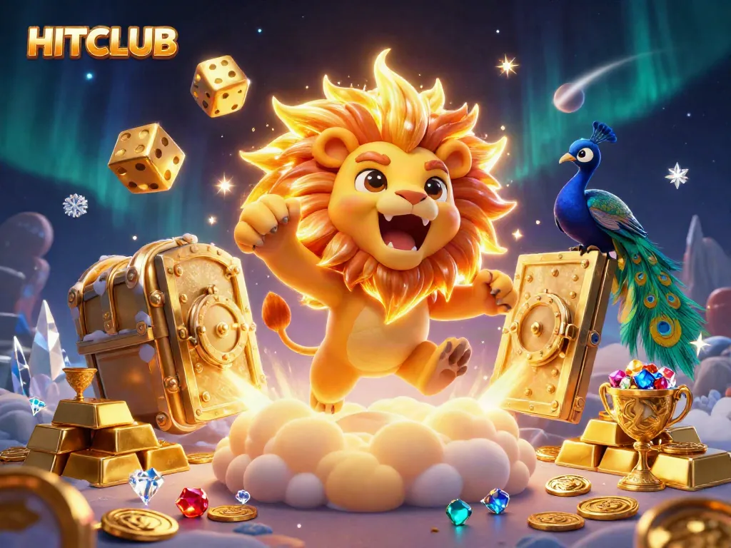 Experience excitement at HITCLUB with vibrant casino-themed illustration featuring roaring lion, golden dice, and rich jewels.
