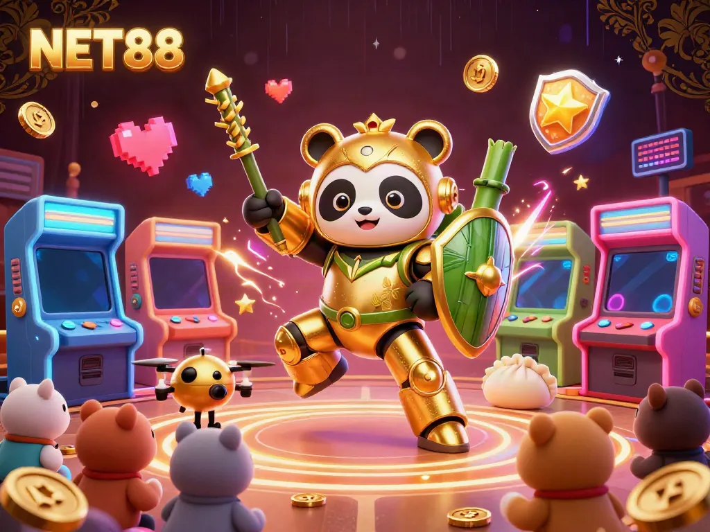 Experience the excitement of NET88 with vibrant gaming elements and a golden panda mech-suit in this dynamic 3D scene.