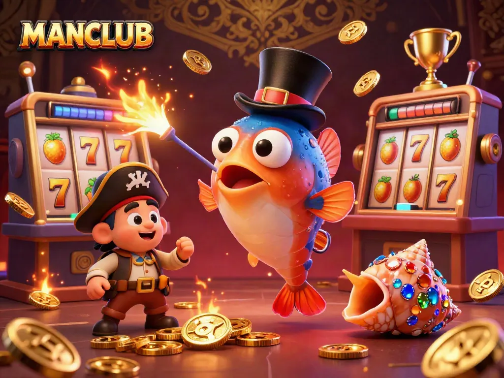 Join the excitement with MANCLUB as the anglerfish attracts golden coins in a captivating casino scene.