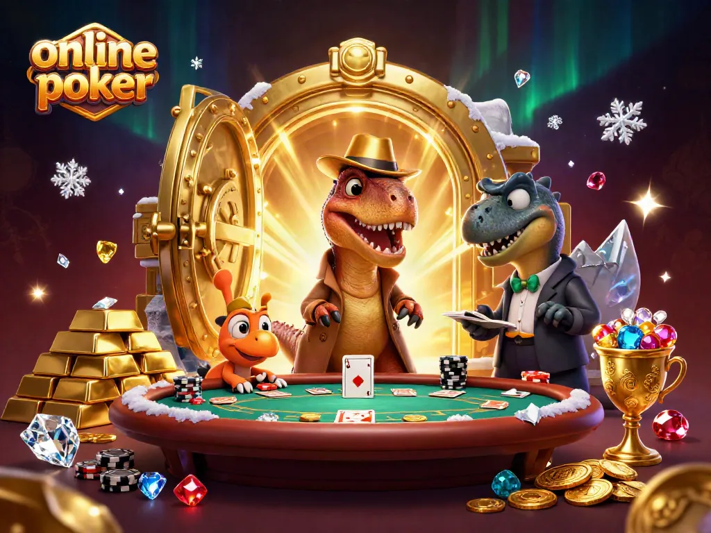 Play online poker with a velociraptor card counter in a thrilling casino scene.