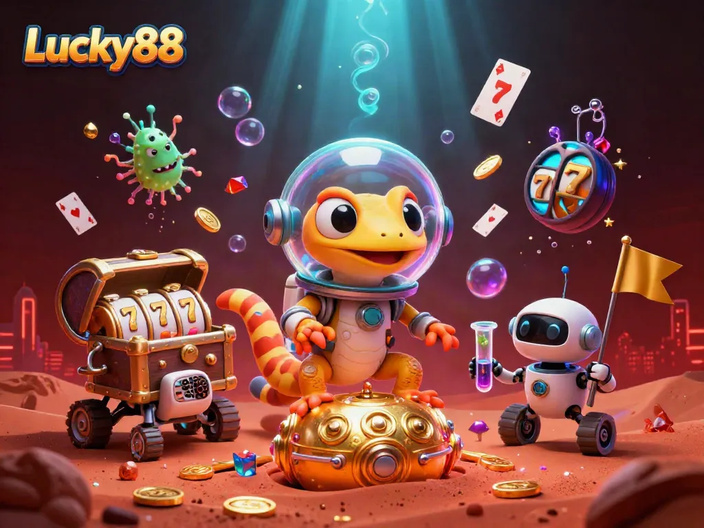 Experience Lucky88's thrilling gaming atmosphere with a Martian gecko discovering a hidden casino.