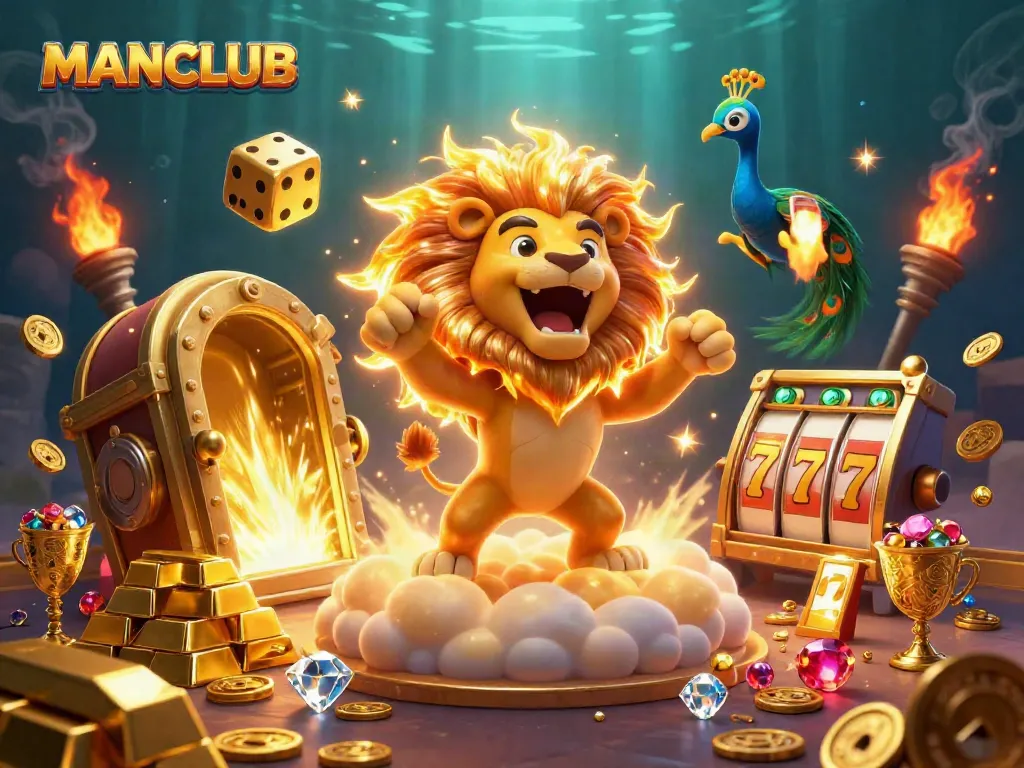 Play thrilling slots with MANCLUB in a vibrant 3D digital casino illustration filled with gold and gems.