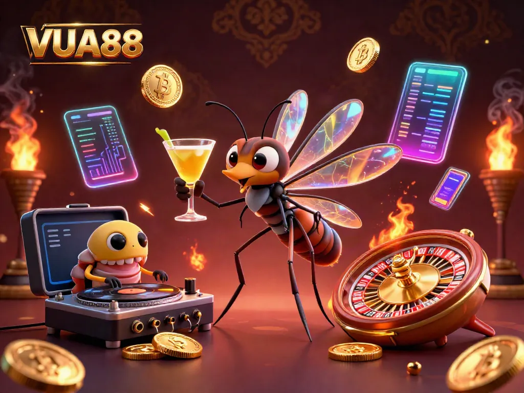 Experience dynamic gameplay at VUA88 with an engaging 3D casino illustration showcasing vibrant characters and elements.