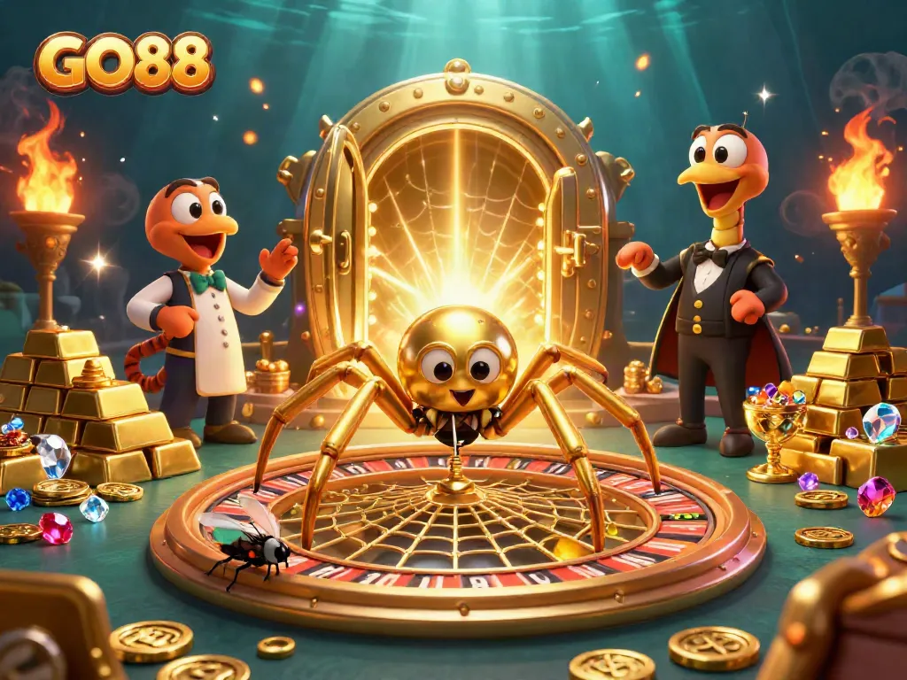 Experience GO88 thrills as a golden spider weaves a roulette wheel web, capturing casino excitement.