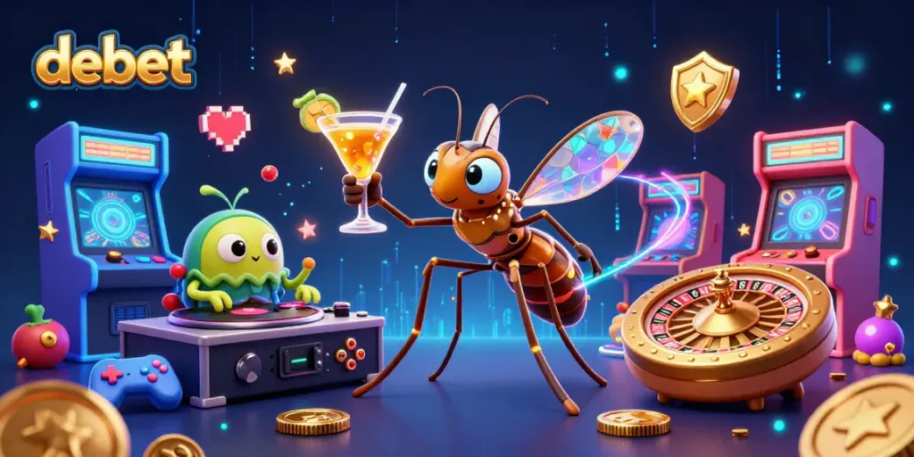 Engage with debet in this vibrant 3D casino scene featuring animated characters and colorful gaming elements.